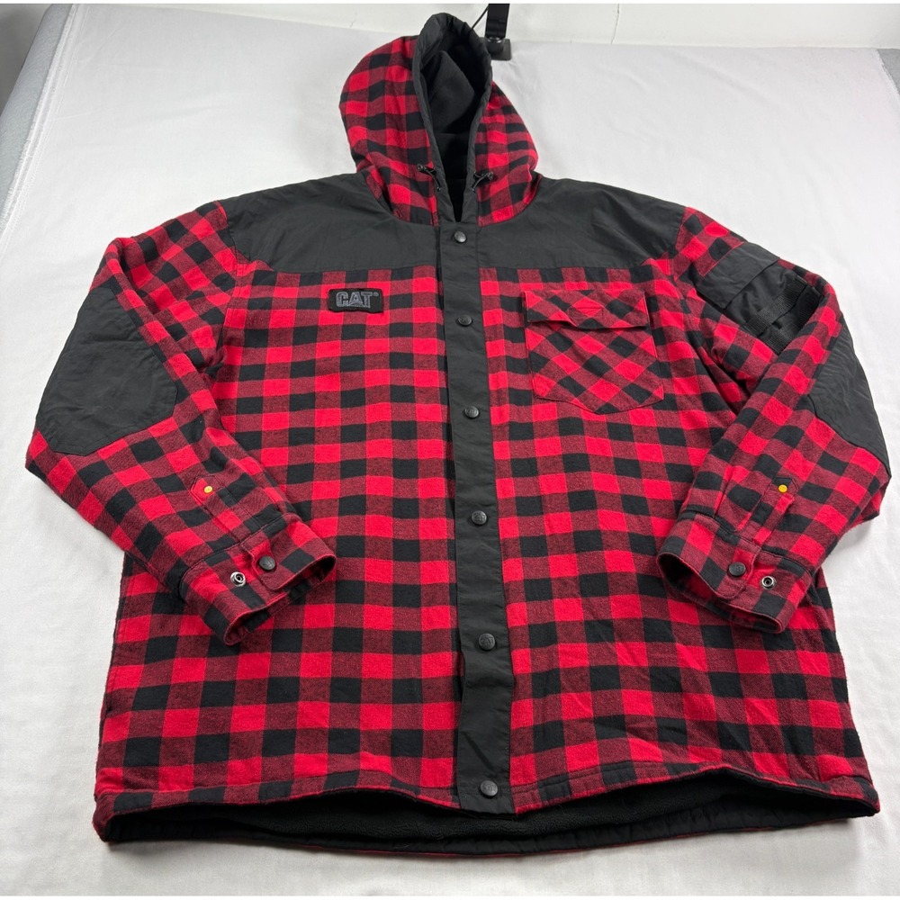 Caterpillar Jacket Mens XL Red Buffalo Plaid Sequoia Shirt Jacket Snap Up Work